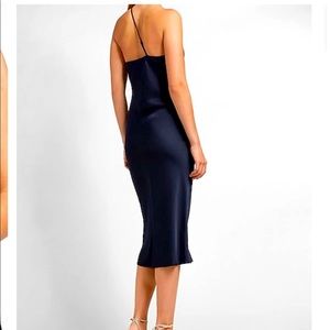 Sleeveless satin midi dress in navy blue